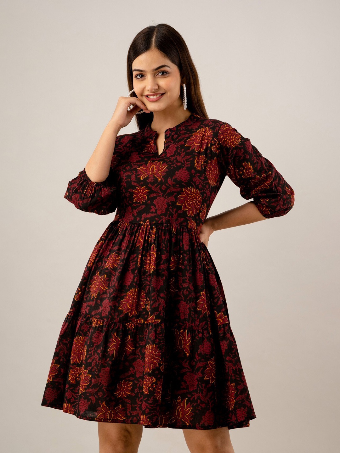 

SHOOLIN Floral Printed Pure Cotton A-Line Dress, Maroon