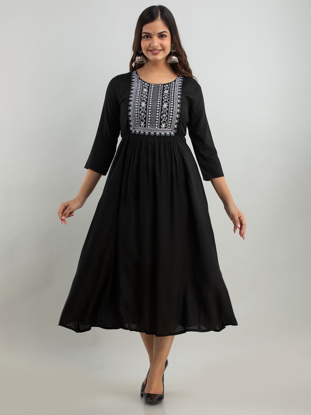 

SHOOLIN Floral Embroidered Fit-Flared Midi Dress, Black