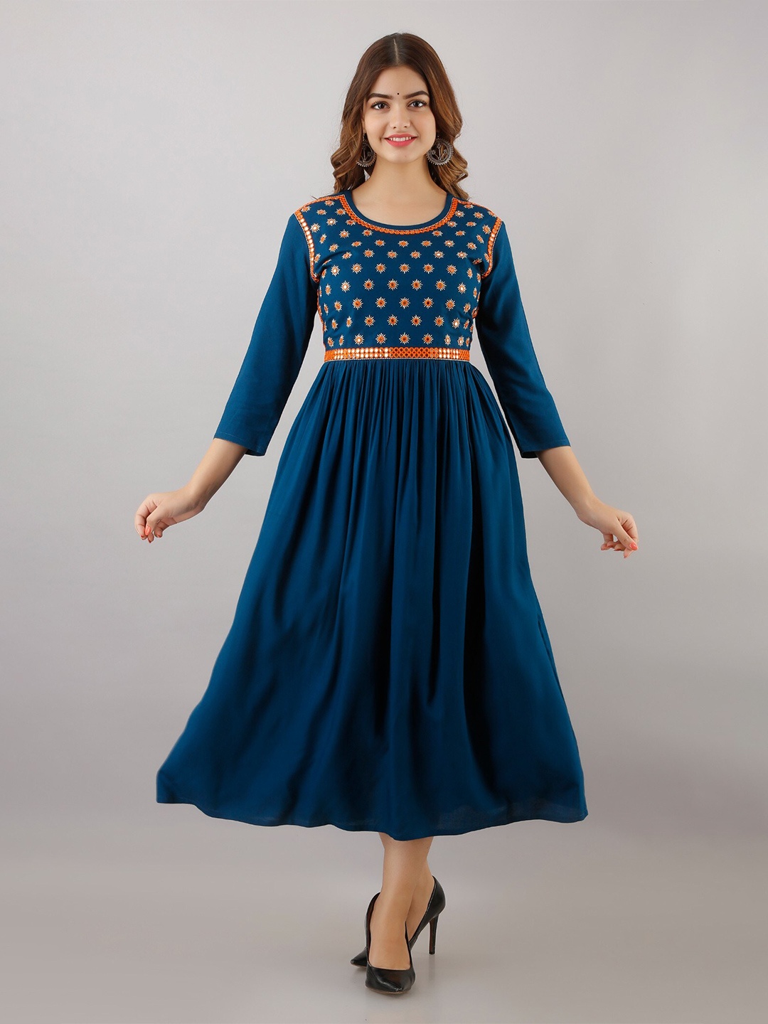 

SHOOLIN Floral Embroidered Fit-Flared Midi Dress, Blue