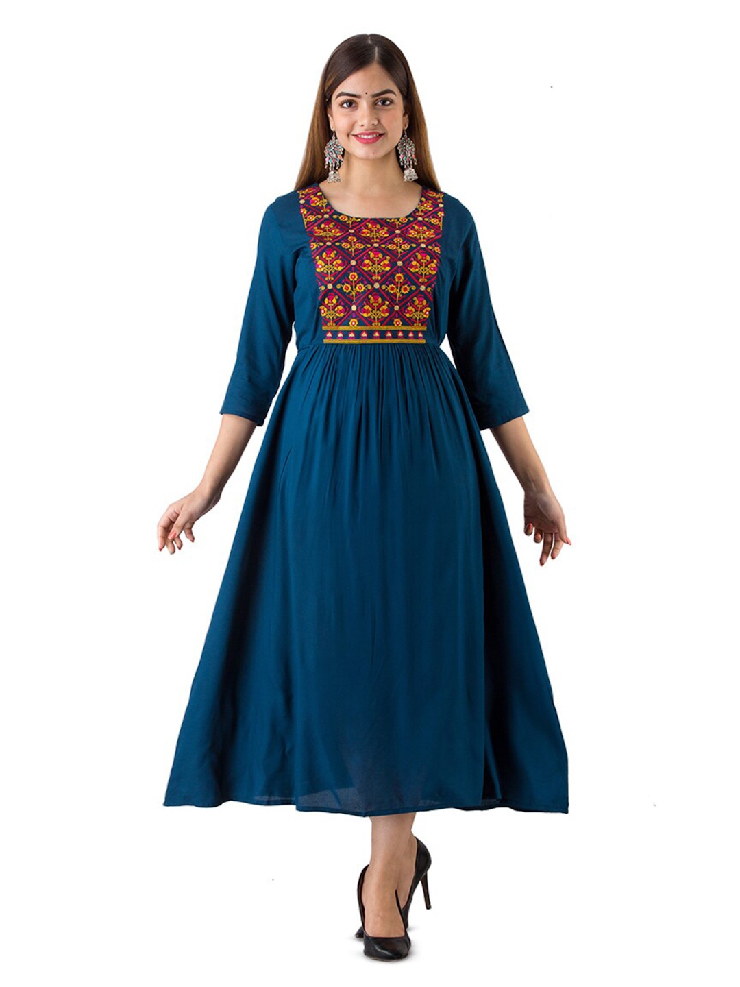 

SHOOLIN Floral Embroidered Fit & Flare Midi Ethnic Dress, Blue