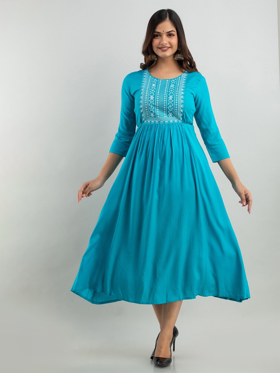 

SHOOLIN Floral Embroidered Fit & Flare Midi Ethnic Dress, Turquoise blue