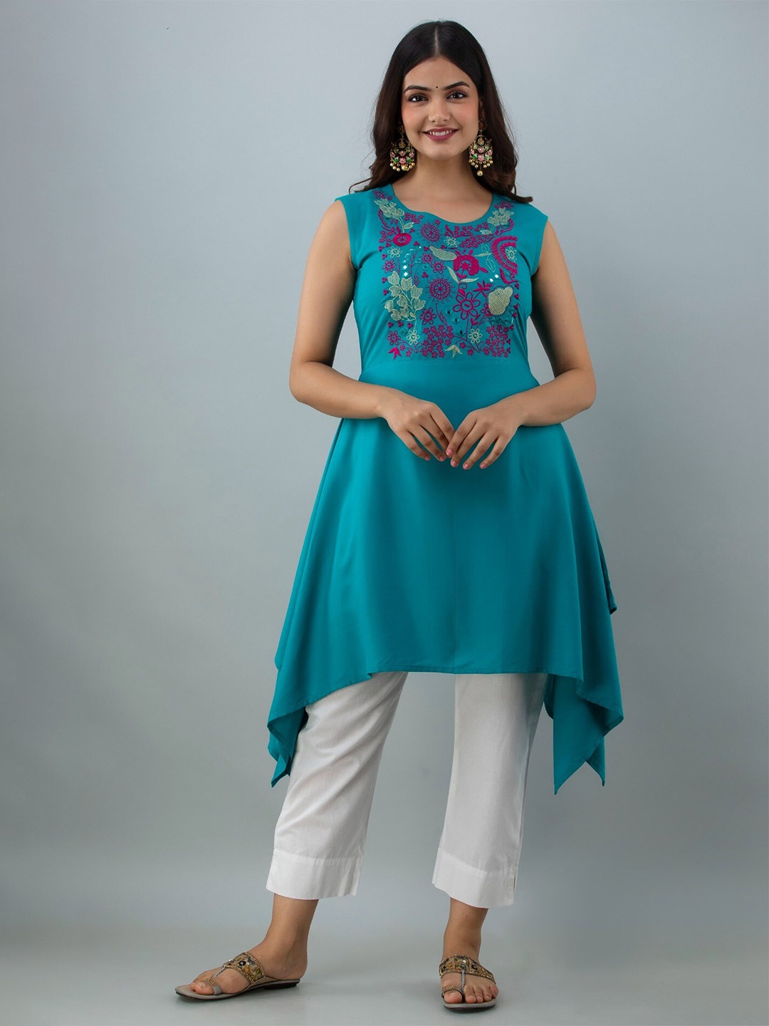 

SHOOLIN Floral Yoke Design Embroidered A-Line Kurta, Turquoise blue