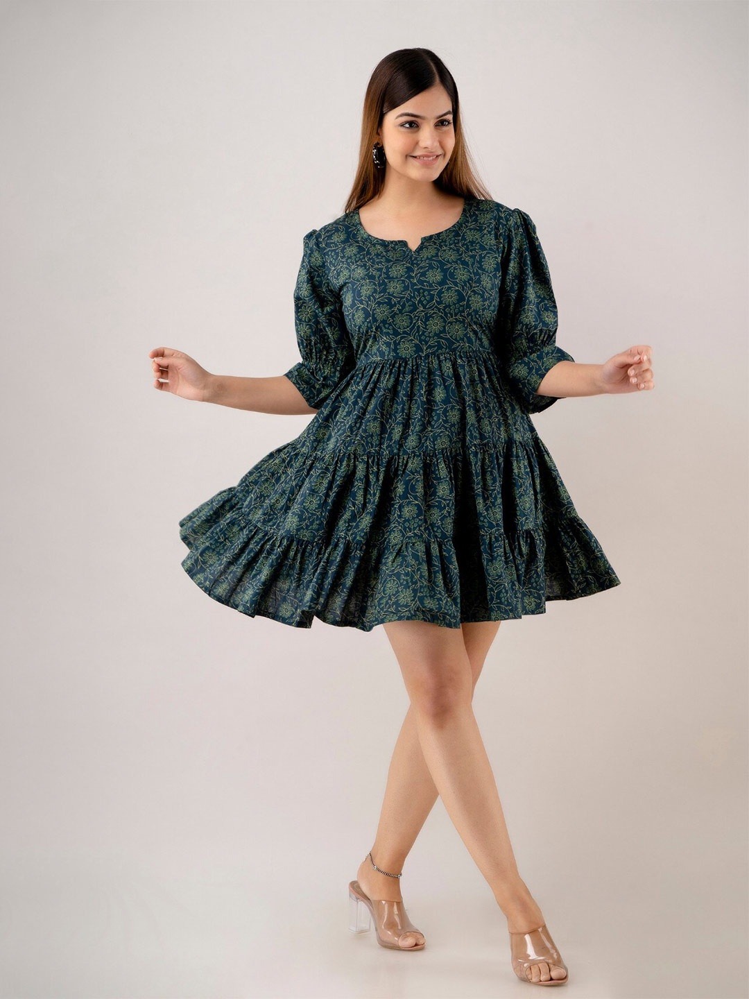 

SHOOLIN Floral Printed Pure Cotton A-Line Mini Dress, Green