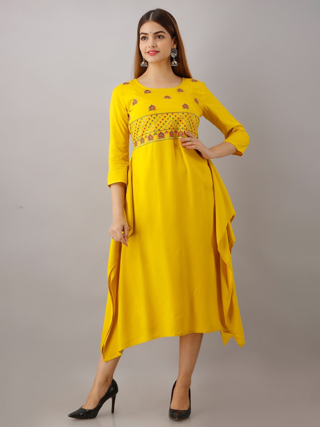 

SHOOLIN Ethnic Motifs Embroidered A-Line Midi Dress, Mustard