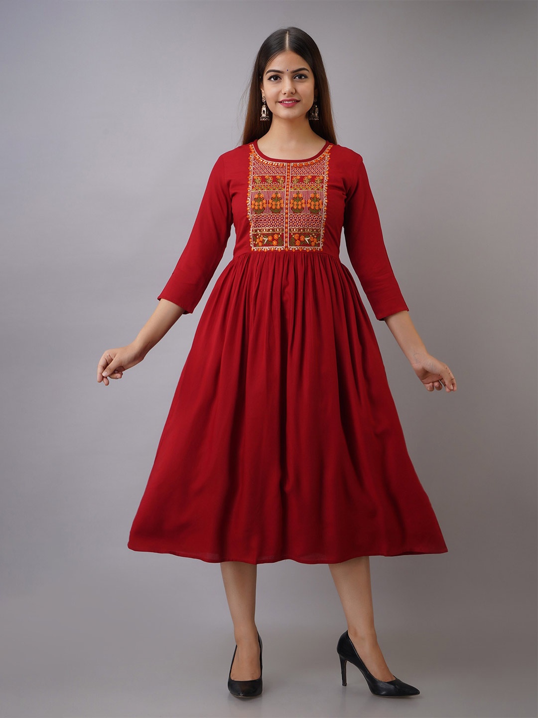 

SHOOLIN Ethnic Motifs Embroidered Fit and Flare Midi Ethnic Dress, Maroon