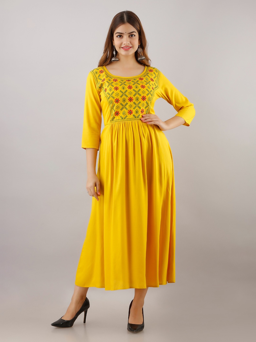 

SHOOLIN Ethnic Motifs Embroidered A-Line Midi Ethnic Dress, Mustard