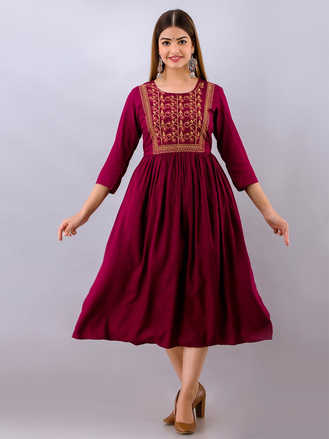 

SHOOLIN Floral Embroidered Fit & Flare Midi Dress, Maroon