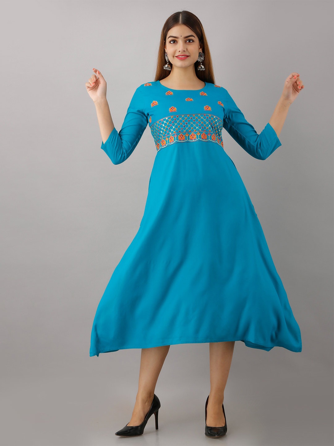 

SHOOLIN Floral Embroidered A-Line Midi Dress, Turquoise blue