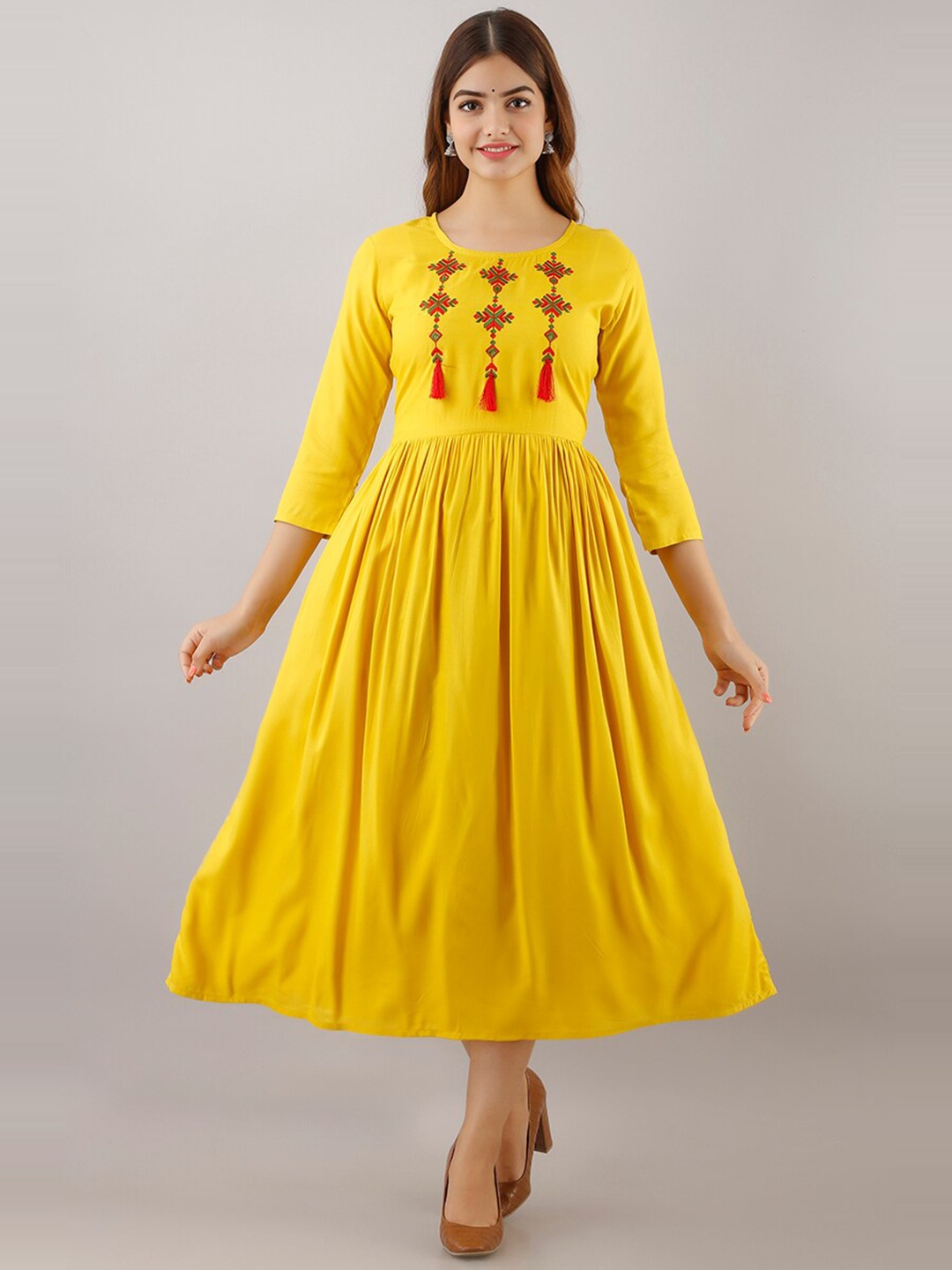 

SHOOLIN Floral Embroidered Fit and Flare Midi Ethnic Dress, Mustard