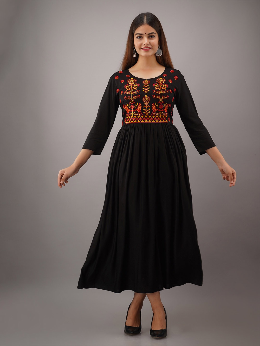 

SHOOLIN Ethnic Motifs Embroidered Fit-Flared Midi Dress, Black