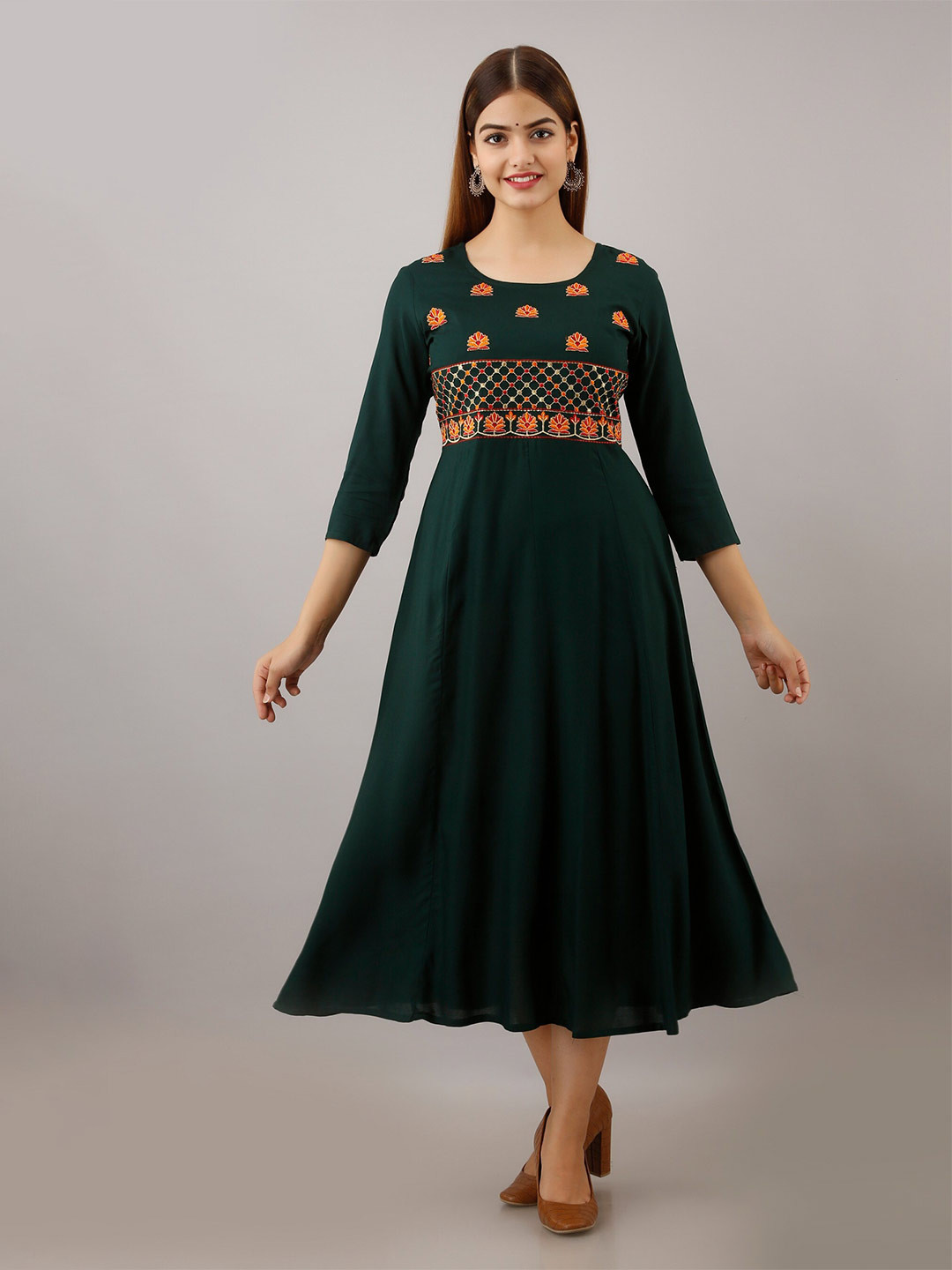 

SHOOLIN Floral Embroidered Fit and Flare Midi Ethnic Dress, Green