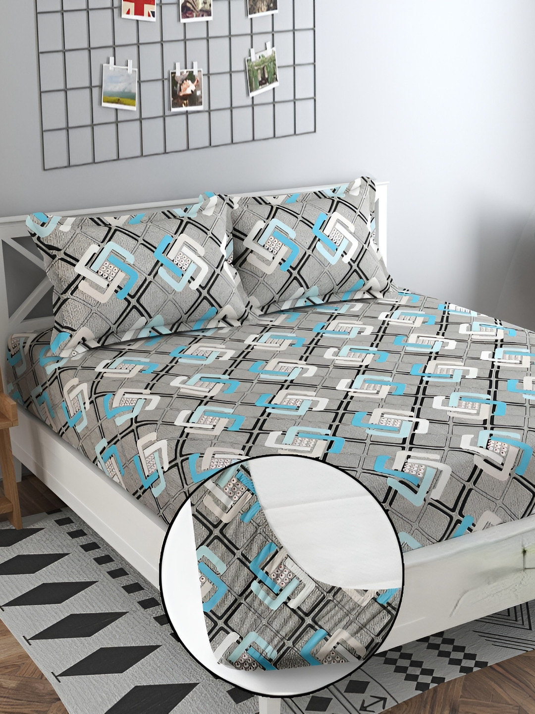 

HOMECRUST Grey & Black Geometric 160 TC Fitted Queen Bedsheet with 2 Pillow Covers