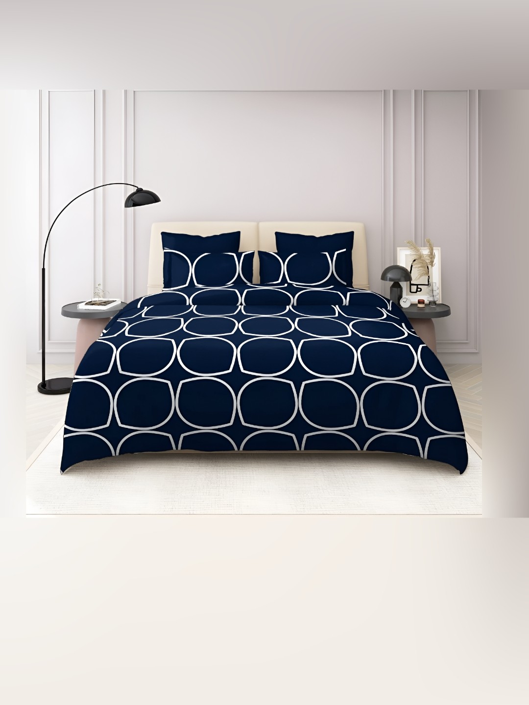 

HOMECRUST Blue & White Geometric 210 TC Fitted Queen Bedsheet with 2 Pillow Covers