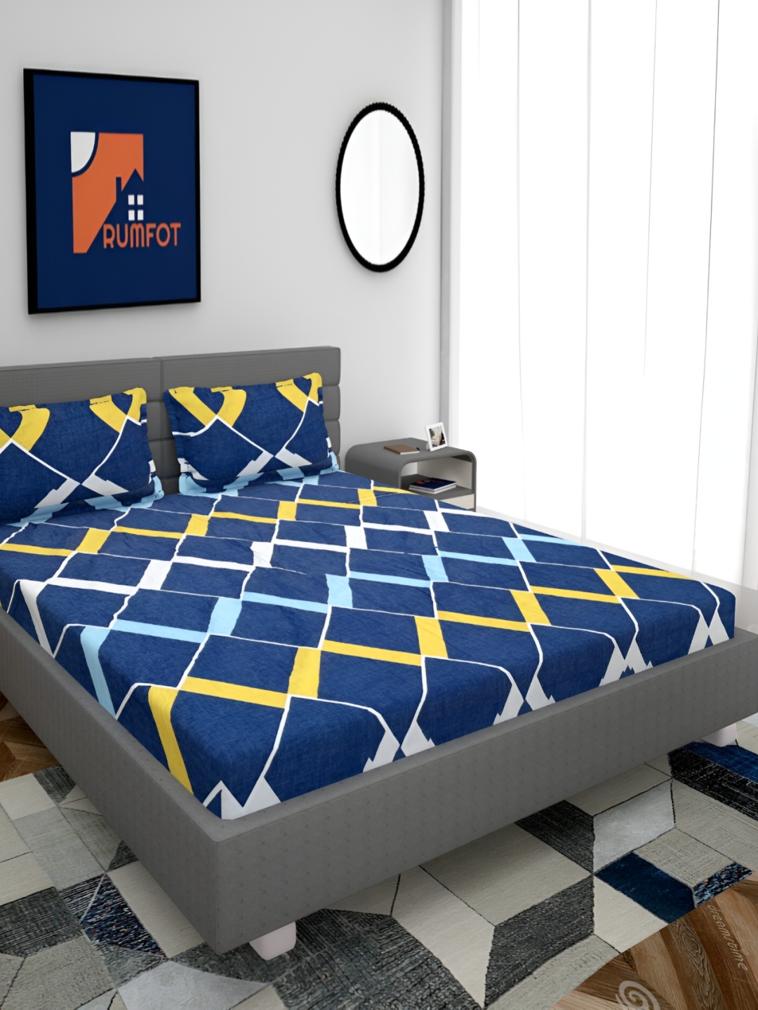 

HOMECRUST Blue & Yellow Geometric 210 TC Fitted Queen Bedsheet with 2 Pillow Covers