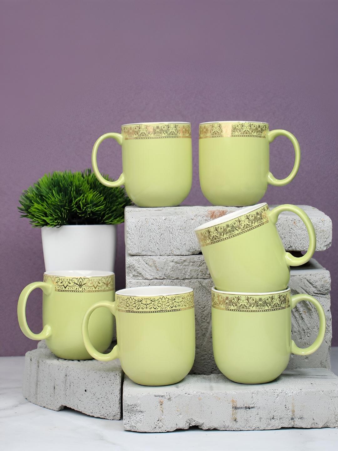

Vola Global LLP Sparkle Lime Green 6 Pieces Porcelain Glossy Cups 200 ML