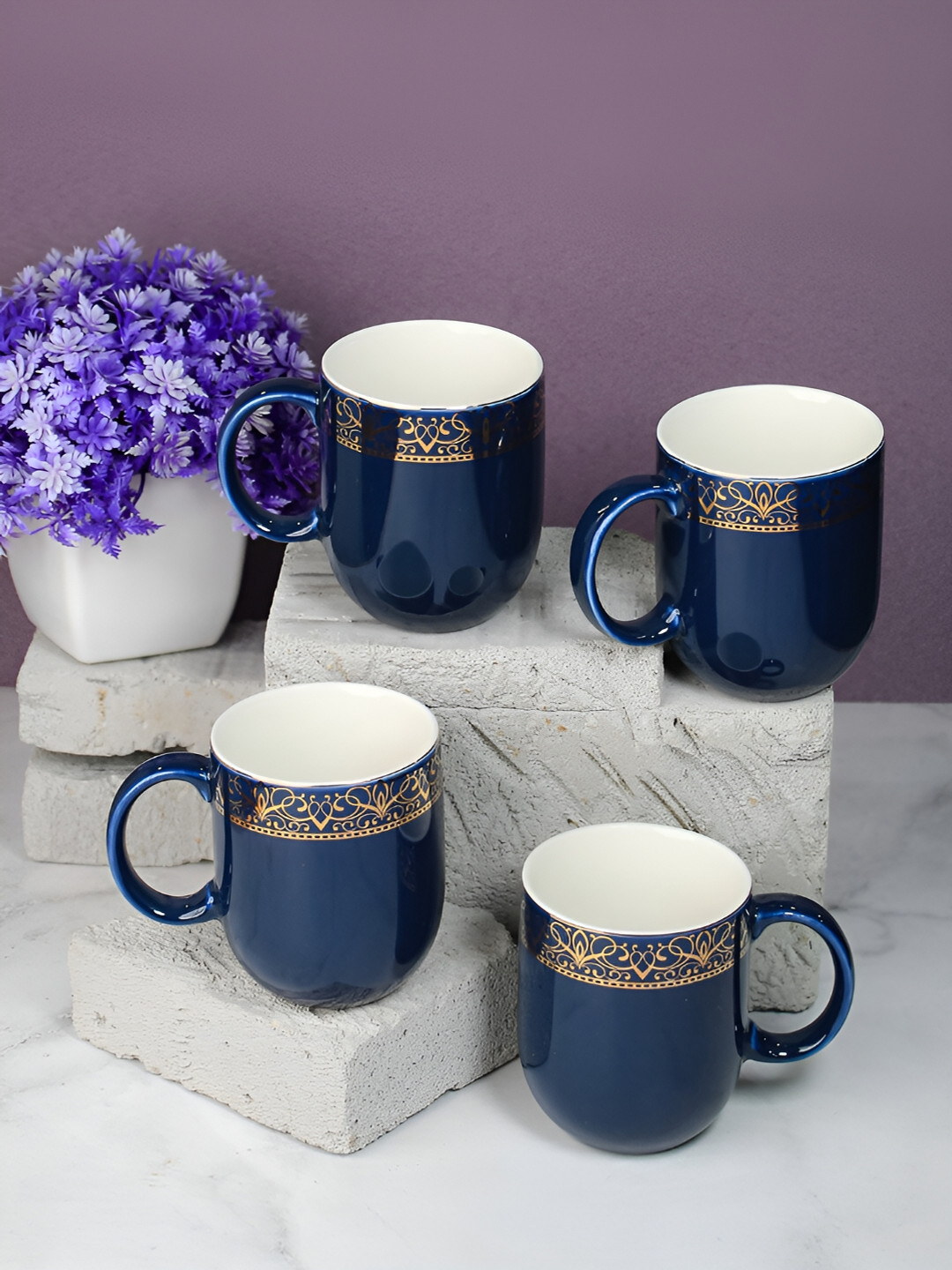 

Vola Global LLP Dazzle Navy Blue 4 pieces Porcelain With Border Glossy Cups 300 ML Each