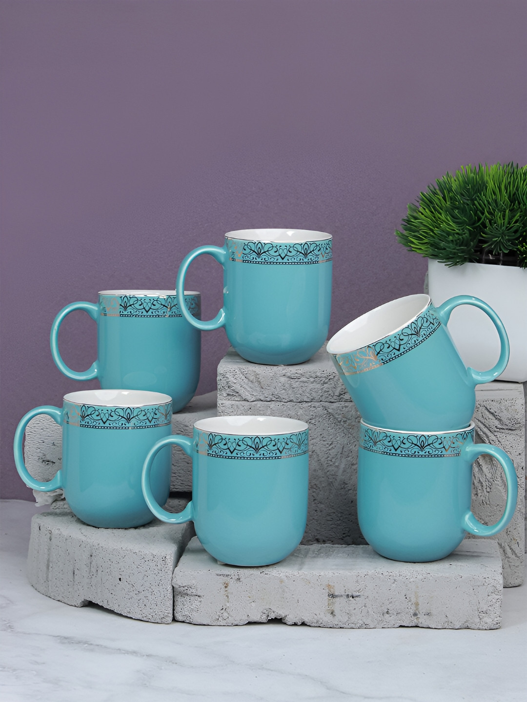 

Vola Global LLP Sparkle Blue 6 Pieces Porcelain With Golden Border Glossy Cups 200 ML Each