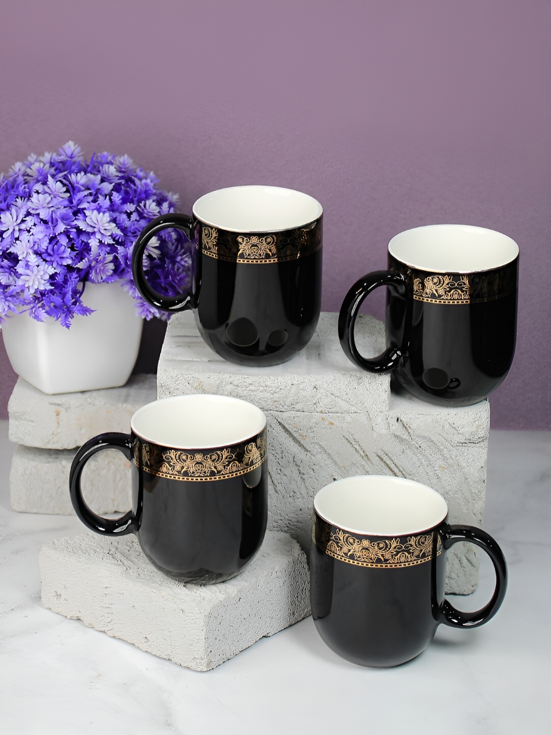 

Vola Global LLP Dazzle Pink & Gold Toned 4 Pieces Textured Glossy Mugs 300ml Each, Black