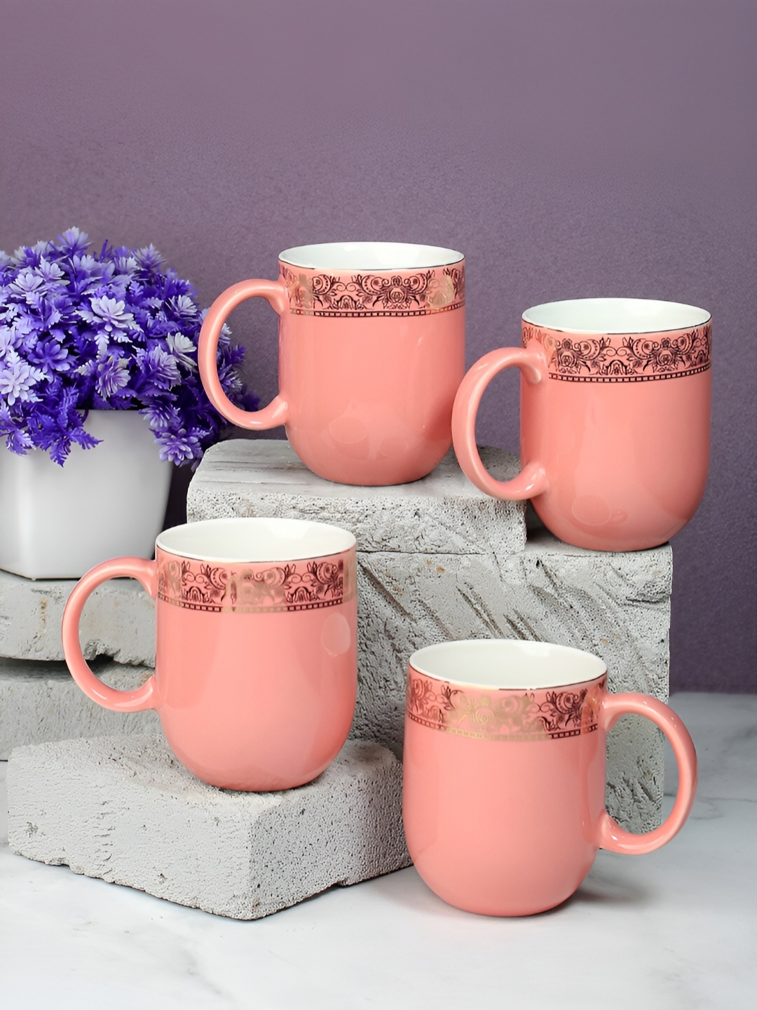 

Vola Global LLP Dazzle Pink 4 pieces Porcelain With Golden Border Glossy Cups 300 ML Each