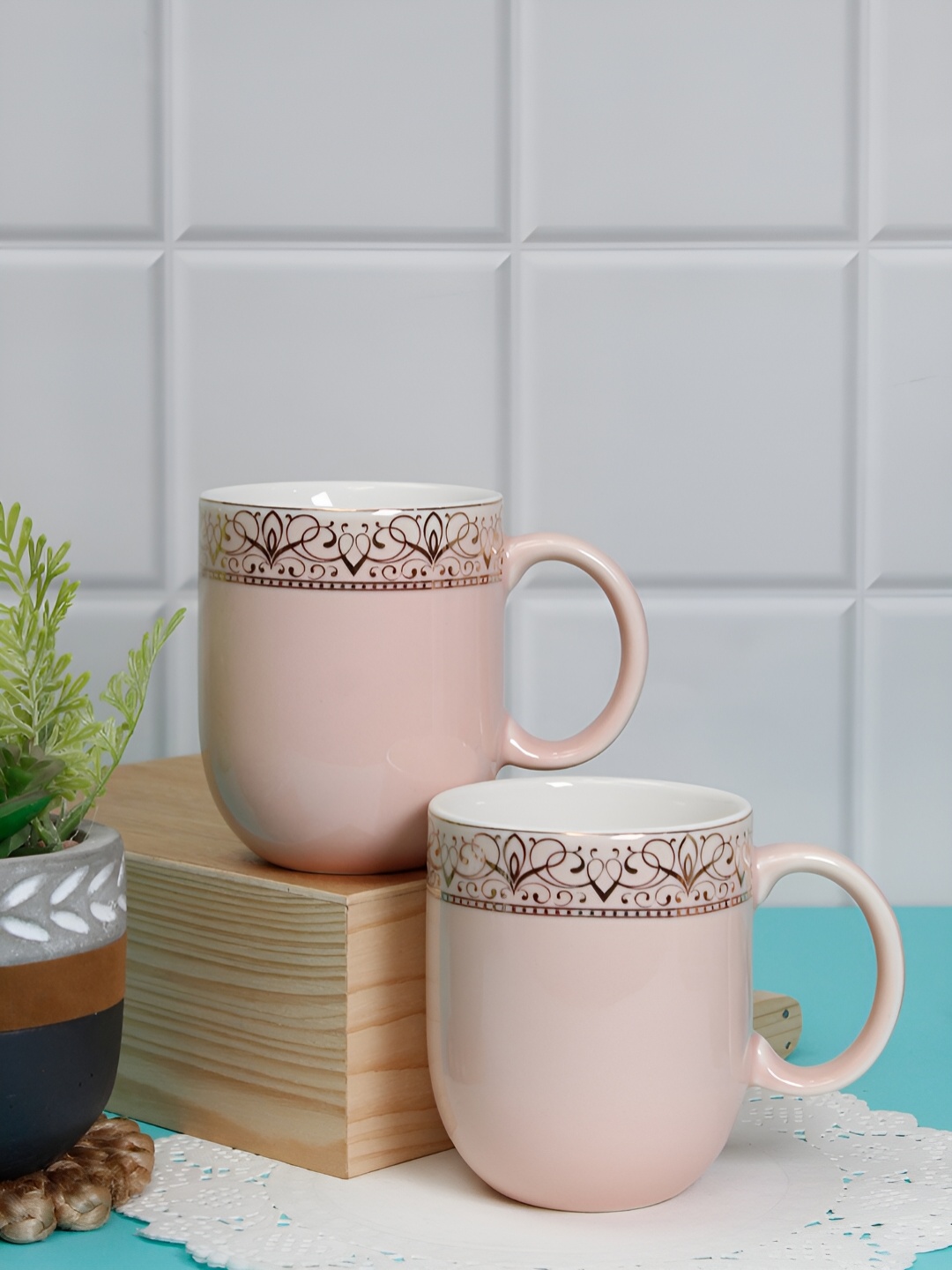 

Vola Global LLP Dazzle Pink 2 pieces Porcelain With Golden Border Glossy Cups 300 ML Each