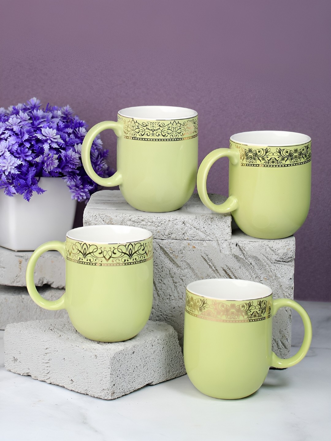 

Vola Global LLP Dazzle Lime Green 4 pieces Porcelain With Border Glossy Cups 300 ML Each