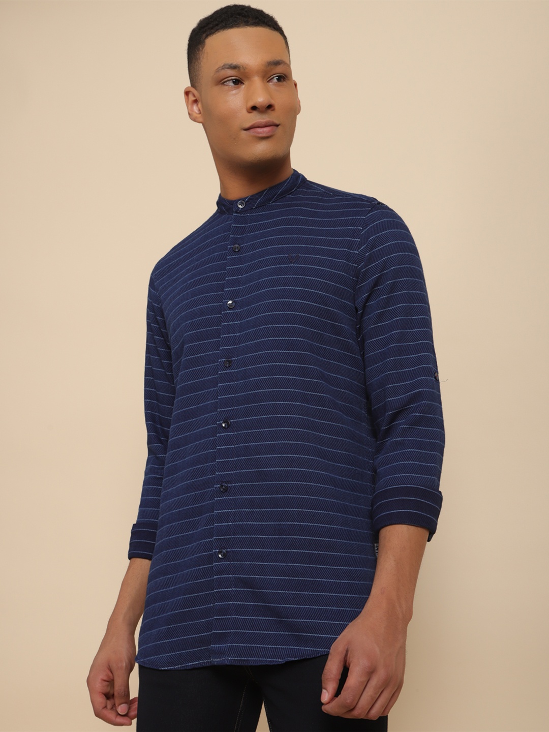 

Allen Solly Men Navy Blue Striped Casual Shirt