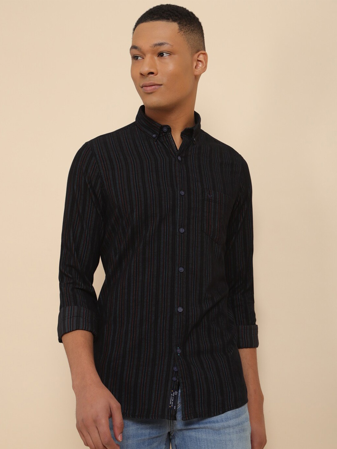 

Allen Solly Striped Button Down Collar Pure Cotton Shirt, Black