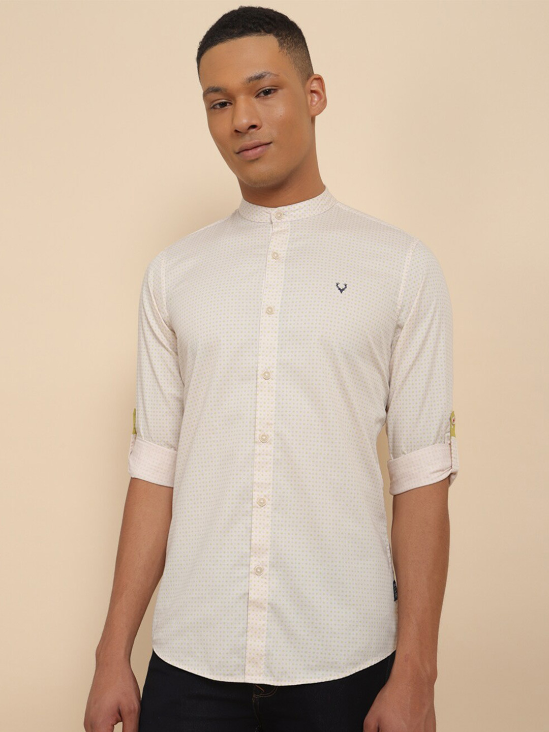 

Allen Solly Micro Ditsy Printed Band Collar Pure Cotton Casual Shirt, Beige