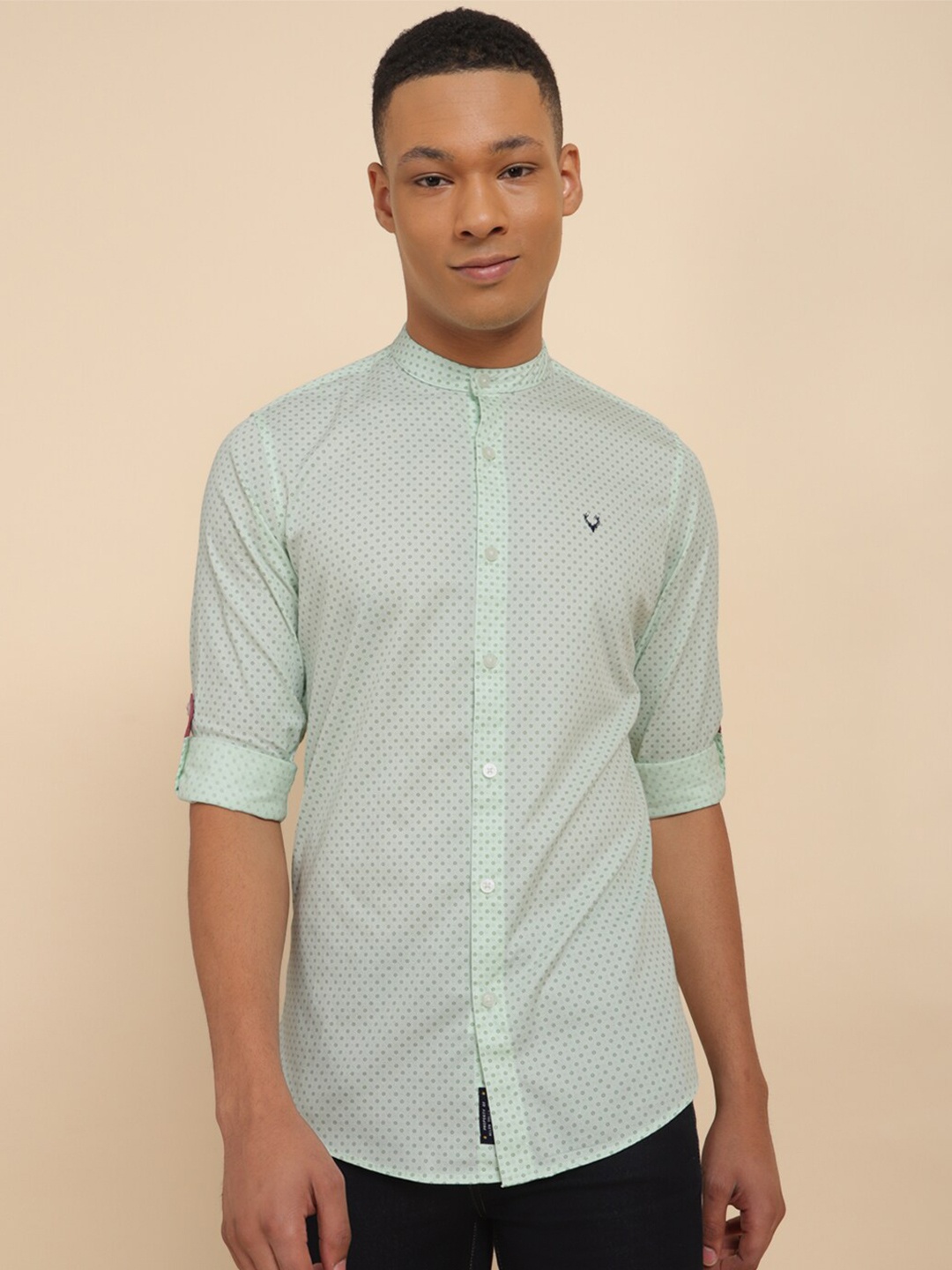 

Allen Solly Micro Ditsy Printed Band Collar Pure Cotton Casual Shirt, Green