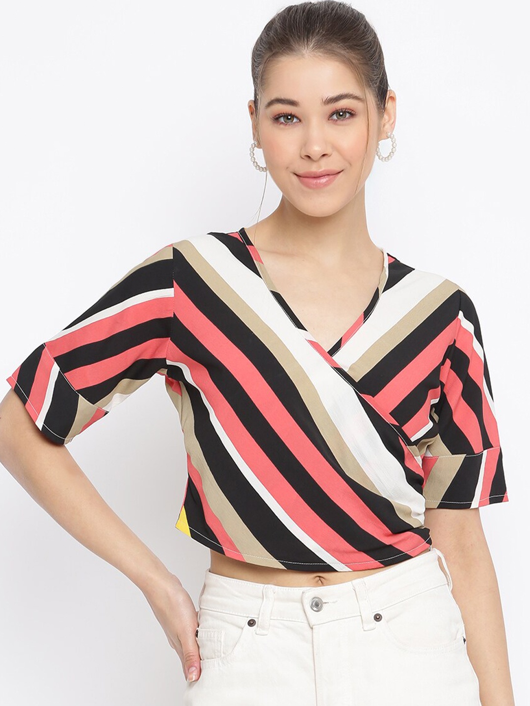 

DressBerry Black & Pink Striped V-Neck Crop Wrap Top