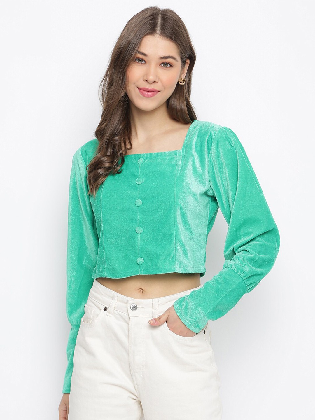 

DressBerry Green Square Neck Puff Sleeves Velvet Crop Top