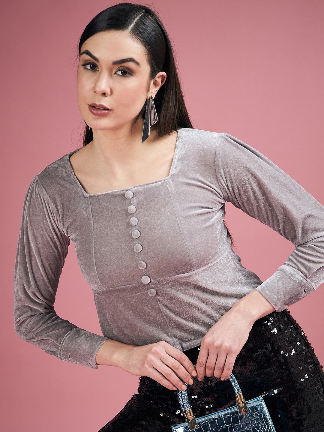

DressBerry Grey Square Neck Velvet Top