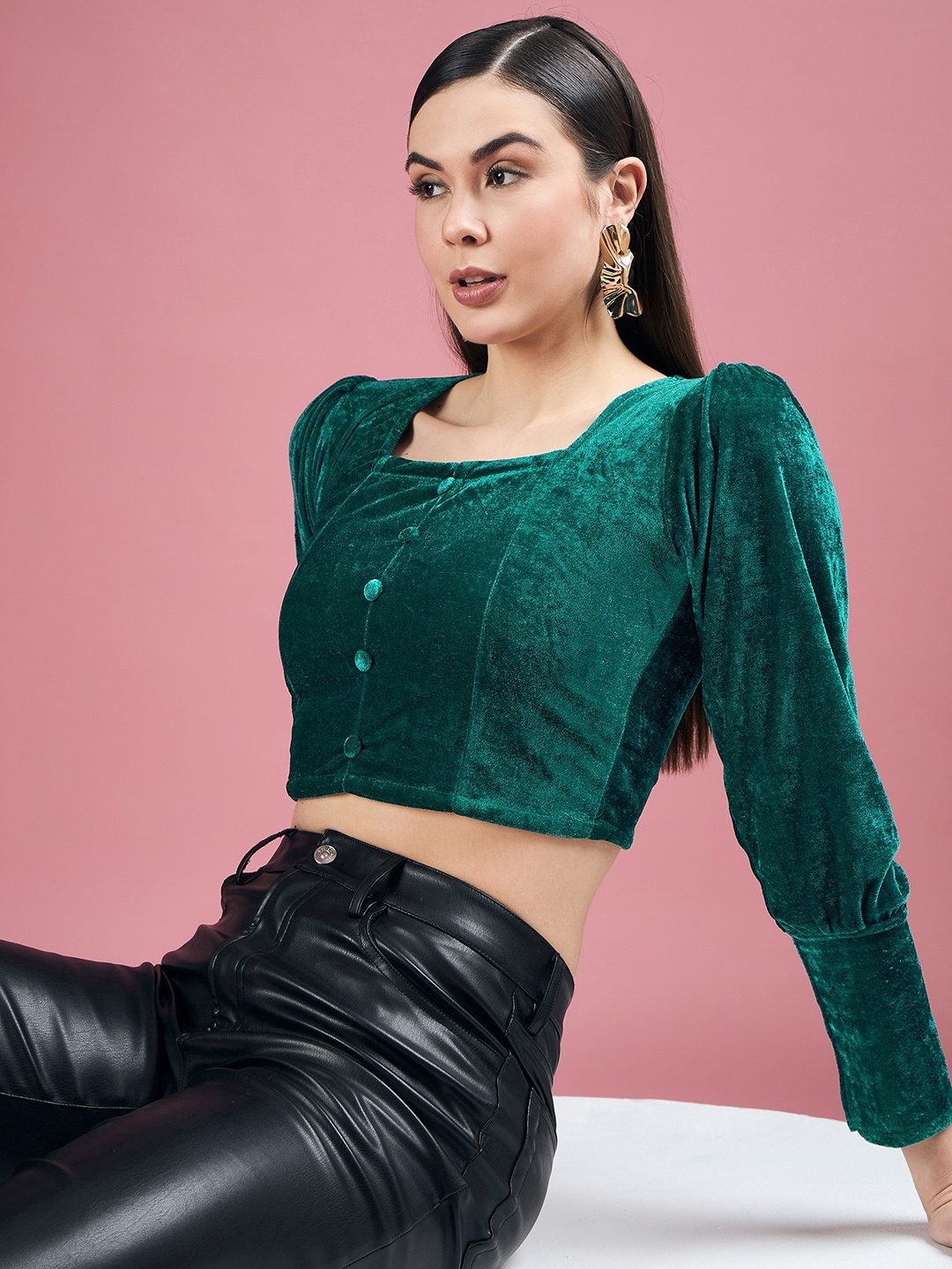 

DressBerry Teal Green Square Neck Crop Velvet Top