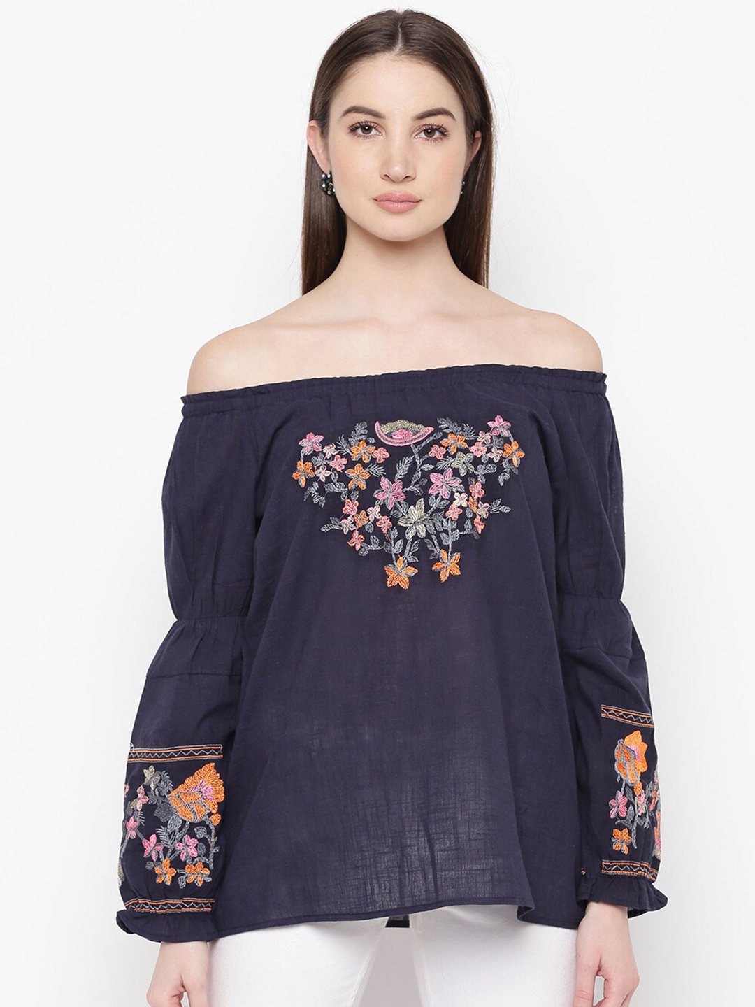 

DressBerry Navy Blue Floral Embroidered Off-Shoulder Cotton Bardot Top