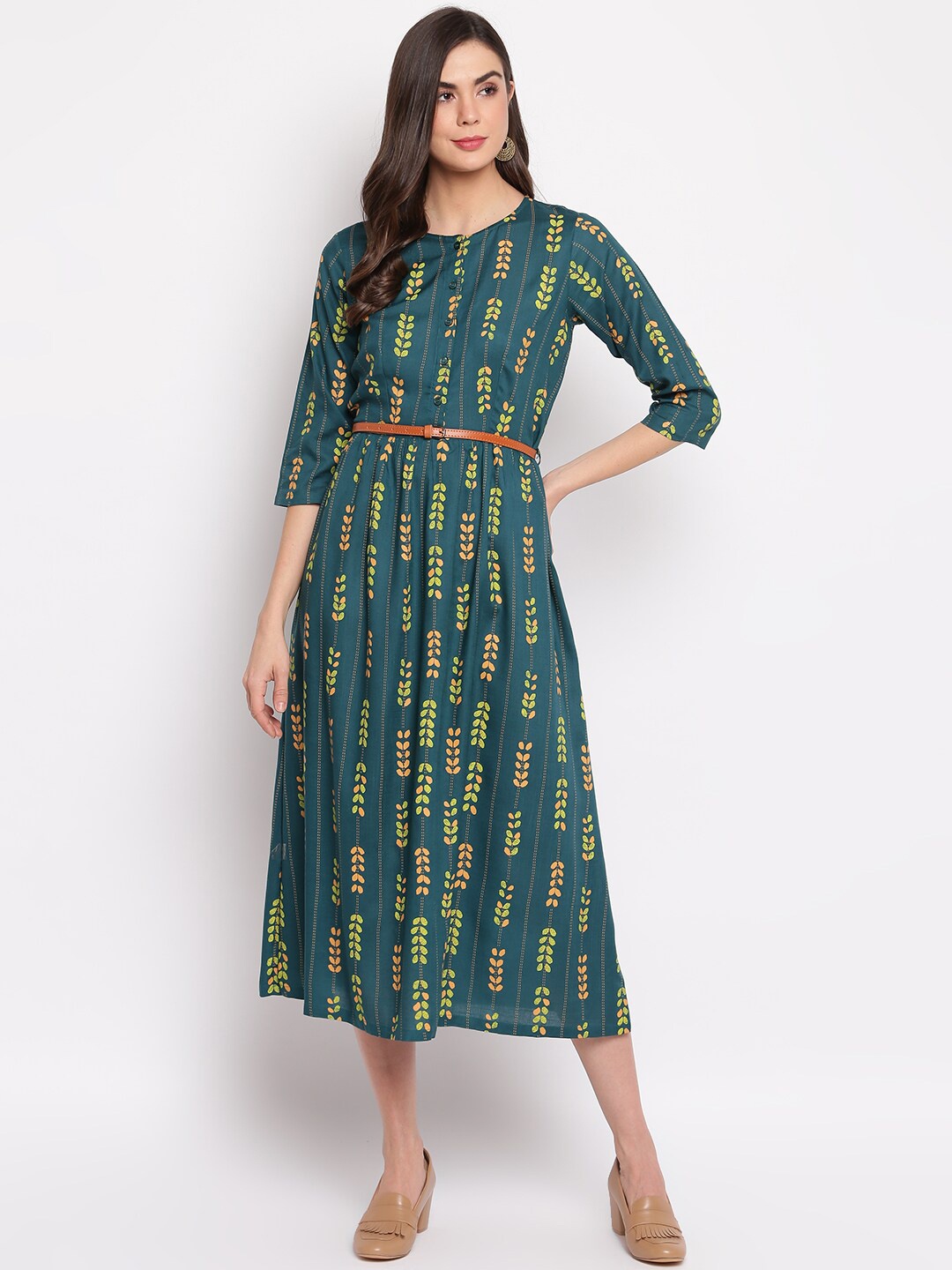 

DressBerry Green Floral Printed A-Line Midi Dress