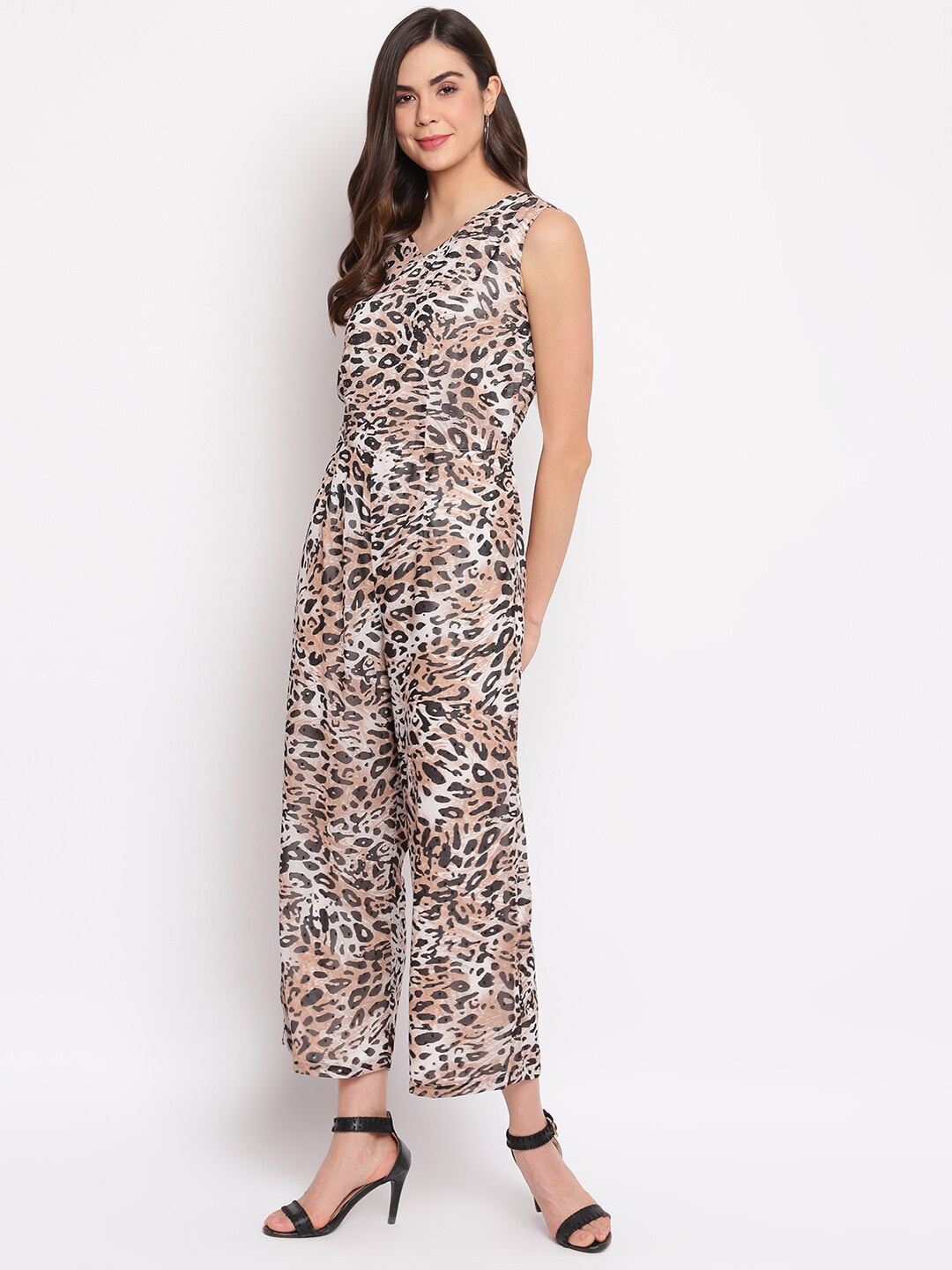

DressBerry Abstract Printed Sleeveless Basic Jumpsuit, Brown
