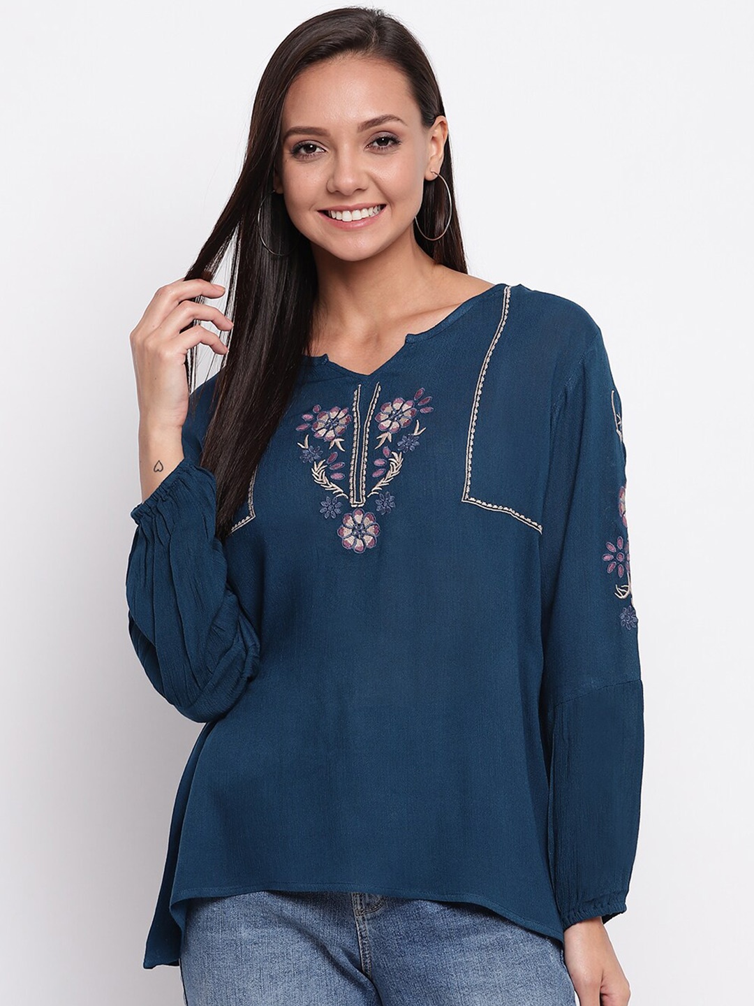 

DressBerry Blue Floral Embroidered Puff Sleeve Cotton Regular Top