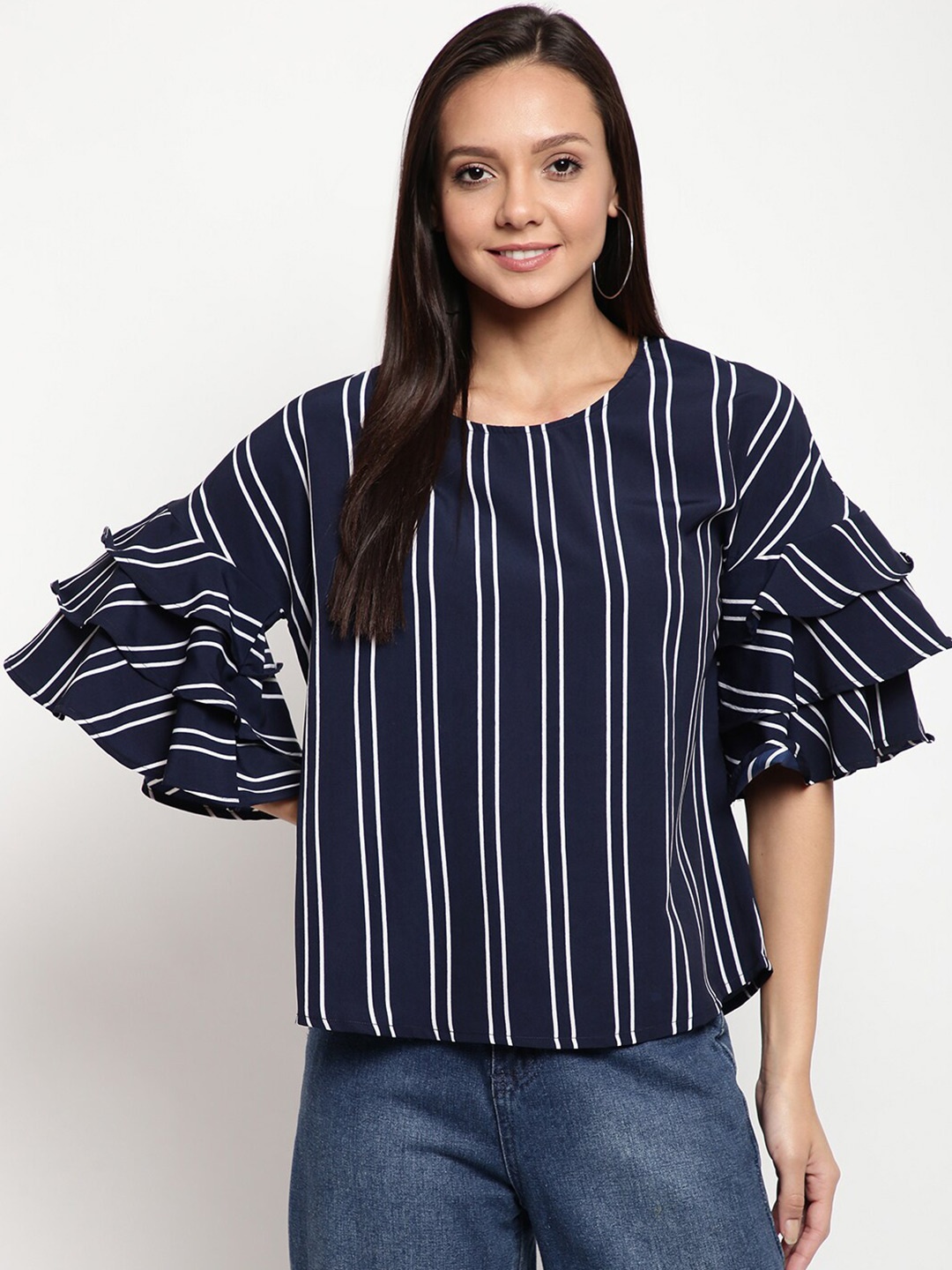 

DressBerry Navy Blue Vertical Striped Bell Sleeves Top