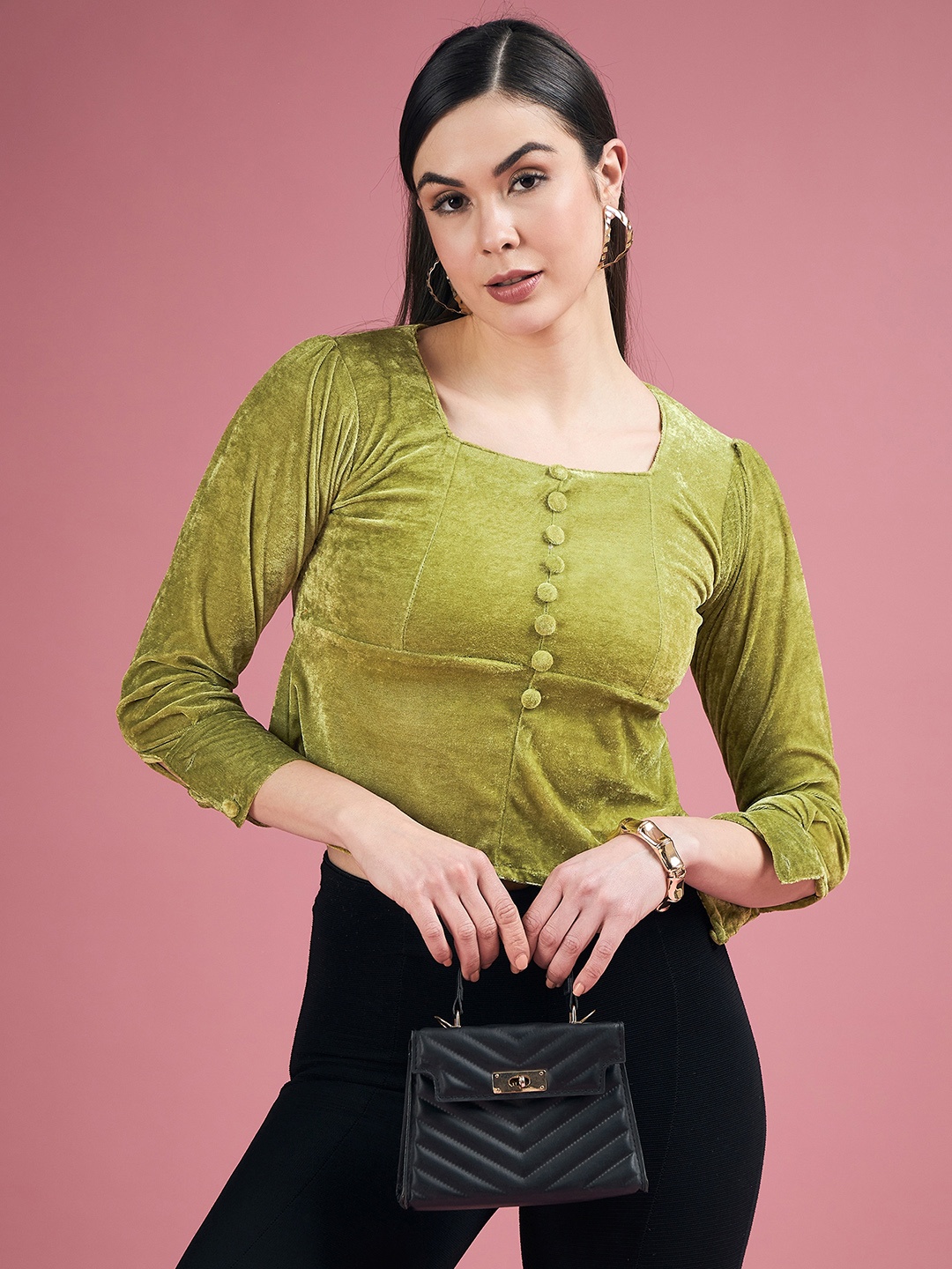 

DressBerry Olive Green Square Neck Crop Velvet Top