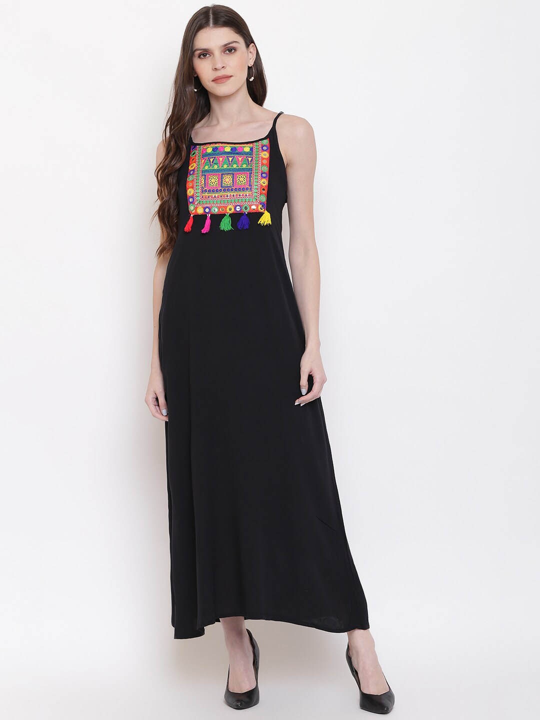 

DressBerry Black Embroidered Square Neck Sleeveless A-Line Dress