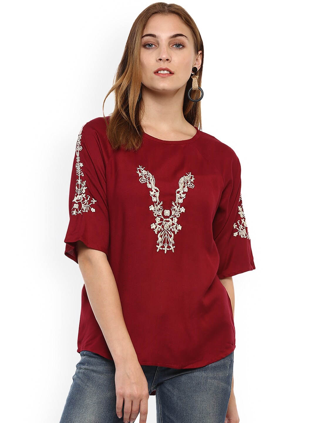 

DressBerry Maroon Ethnic Motifs Embroidered Top