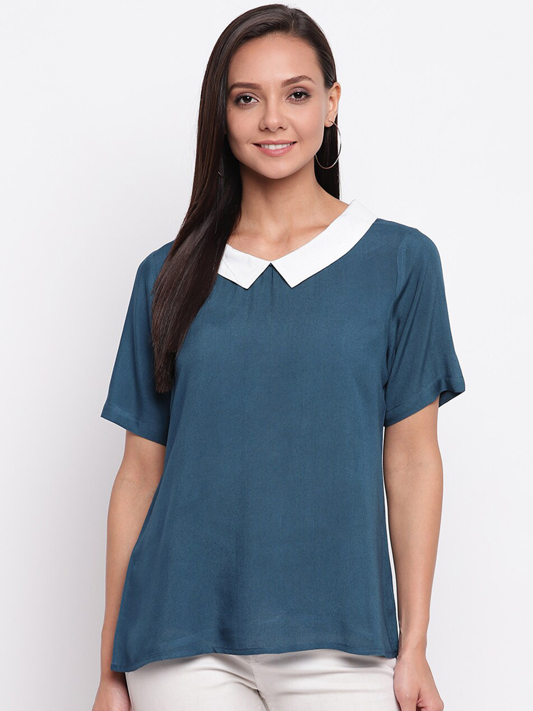 

DressBerry Teal Blue Peter Pan Collar Short Sleeves Top