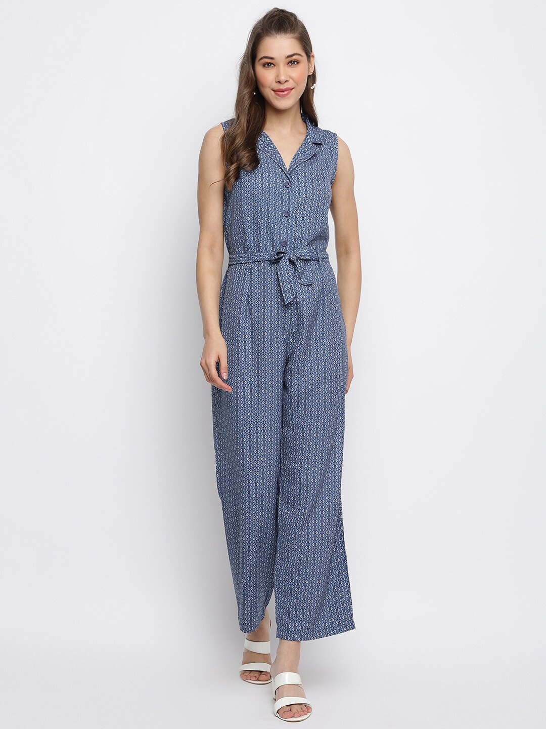 

DressBerry Blue Ethnic Motifs Printed Waist Tie-Ups Sleeveless Basic Jumpsuit