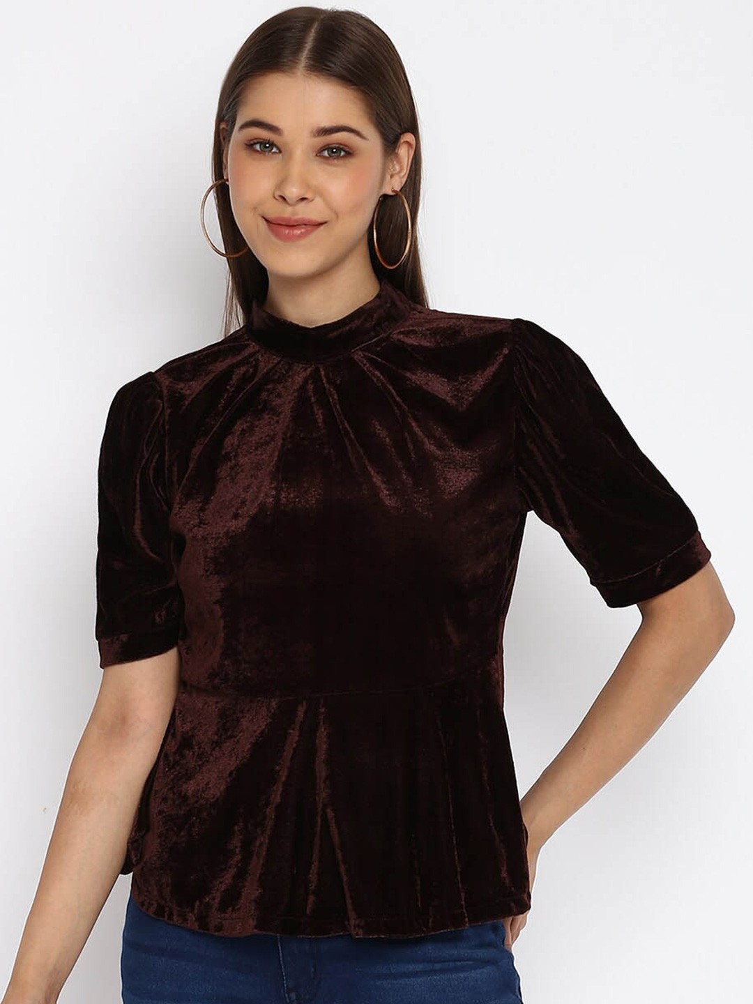 

DressBerry Coffee Brown Puff Sleeve Peplum Velvet Top
