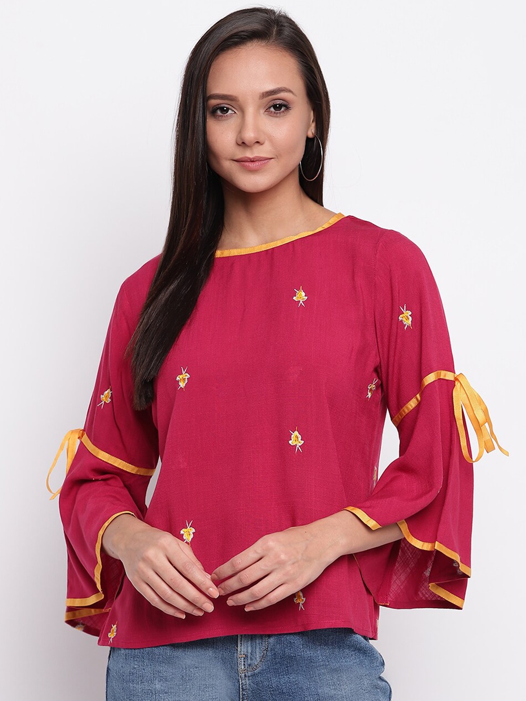 

DressBerry Maroon Floral Embroidered Bell Sleeves Top