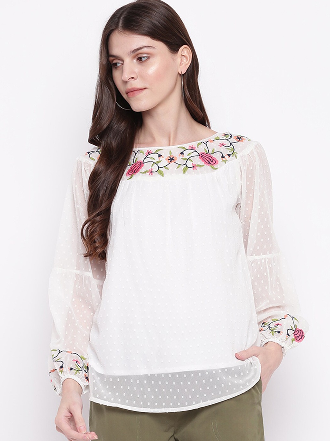 

DressBerry White Self Design Boat Neck Embroidered Dobby Top