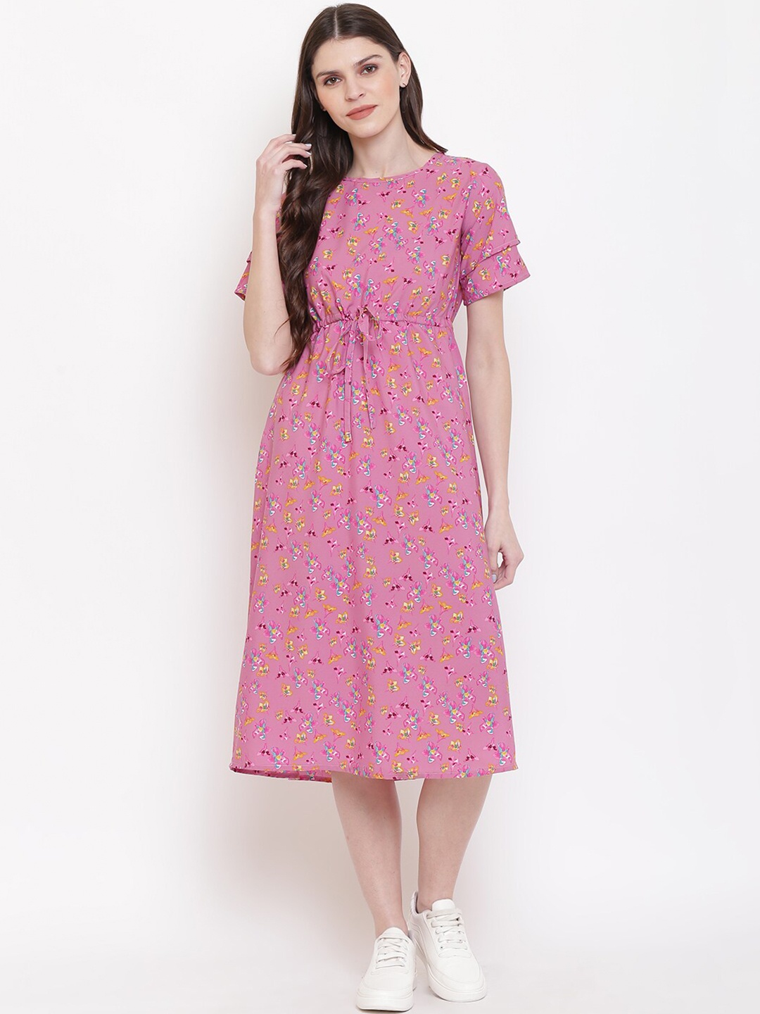 

DressBerry Pink & Blue Floral Printed Tie Ups A Line Dress