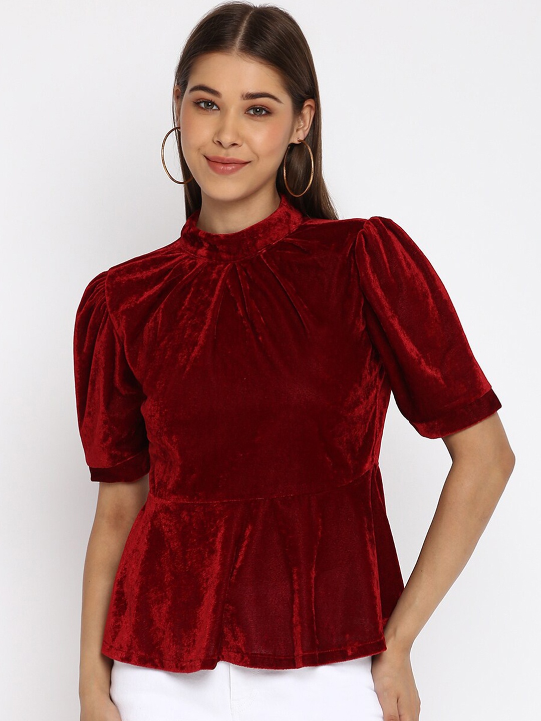 

DressBerry Maroon High Neck Gathered Puff Sleeves Velvet Top