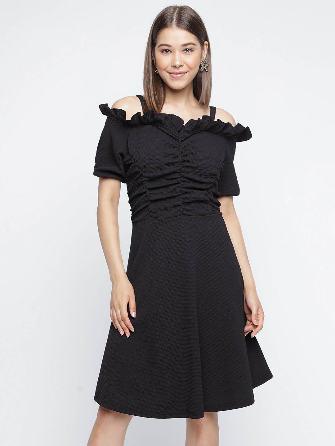 

DressBerry Black Shoulder Straps Gathered Or Pleated A Line Dress