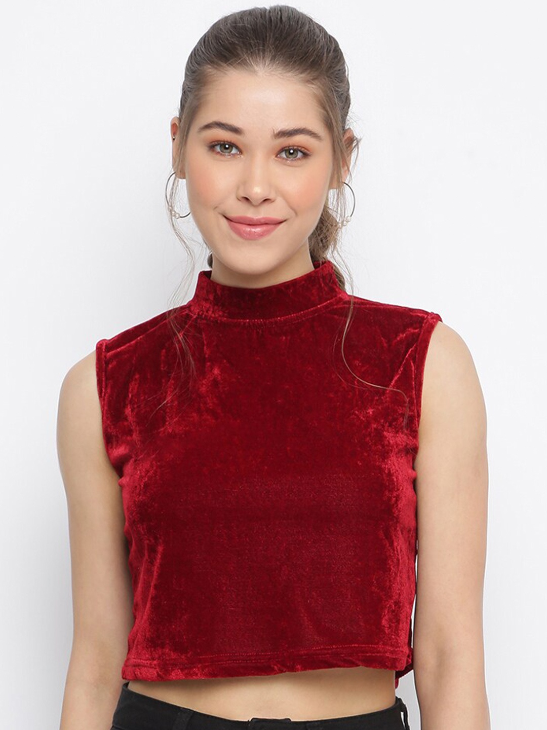 

DressBerry Maroon High Neck Sleeveless Velvet Crop Top